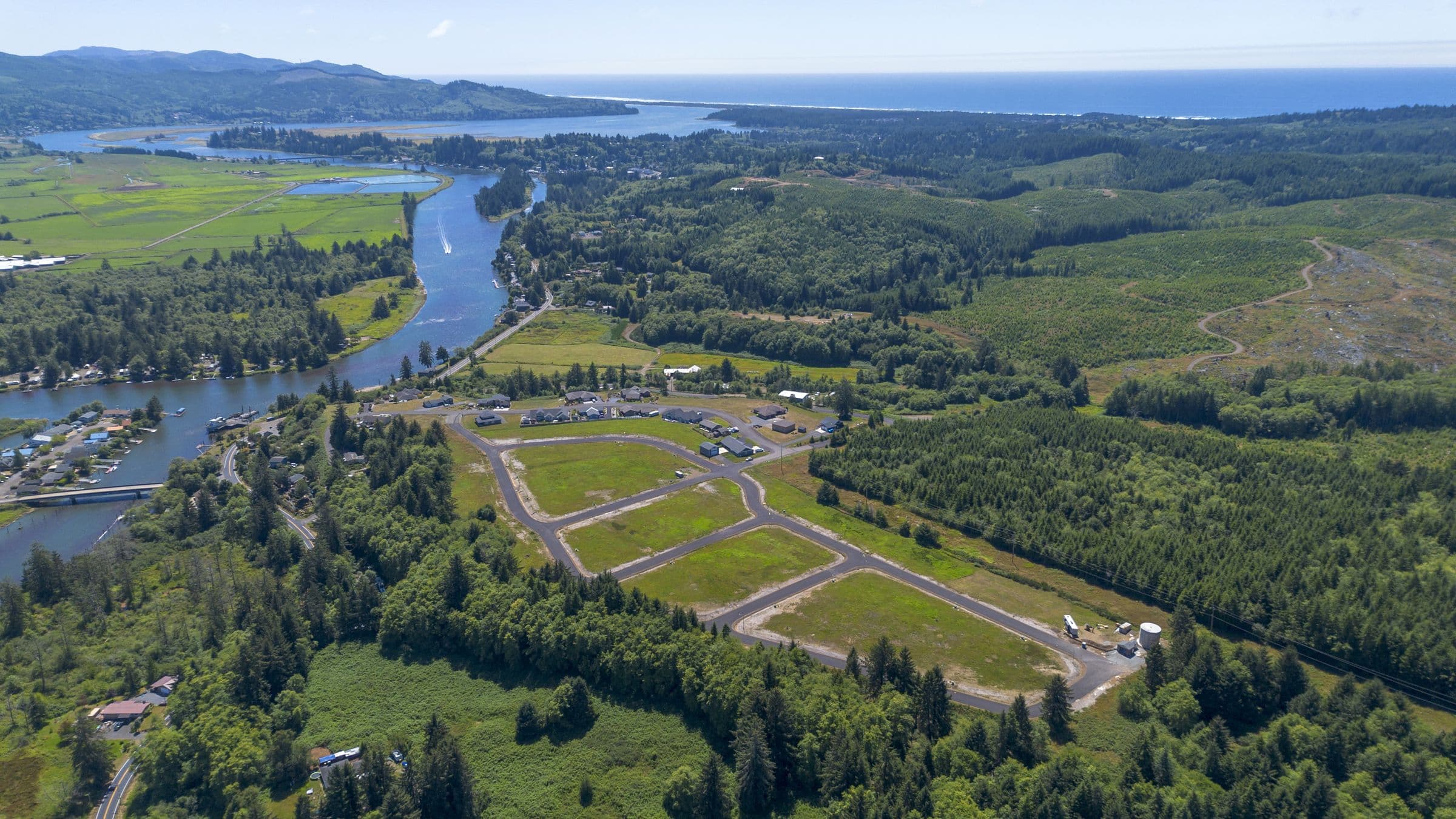 Aerial view of the Riverview Meadows property above the Nehalem River