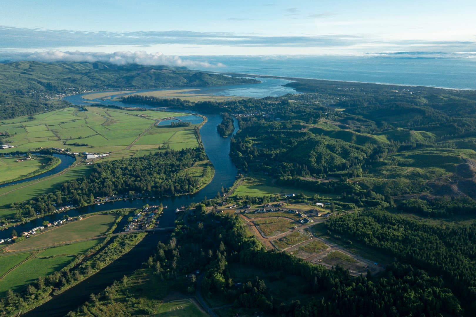 Aerial view of the Riverview Meadows property along the Nehalem River